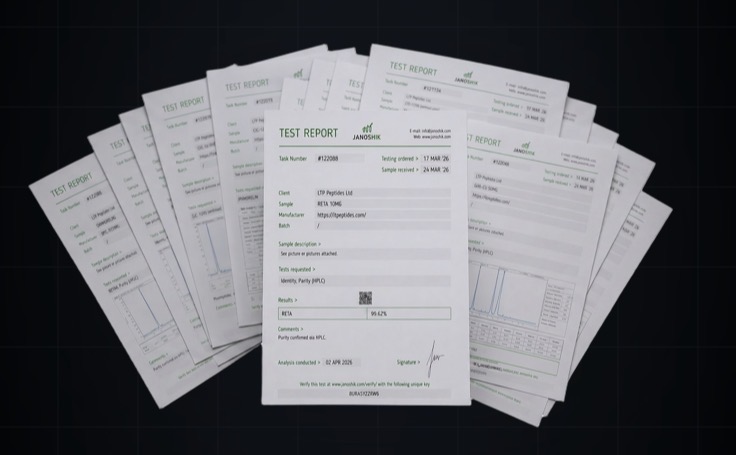 Janoshik test report certificates fanned out